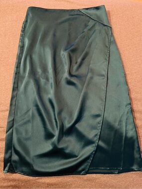 Emerald Satin Wrap-Effect Midi Skirt